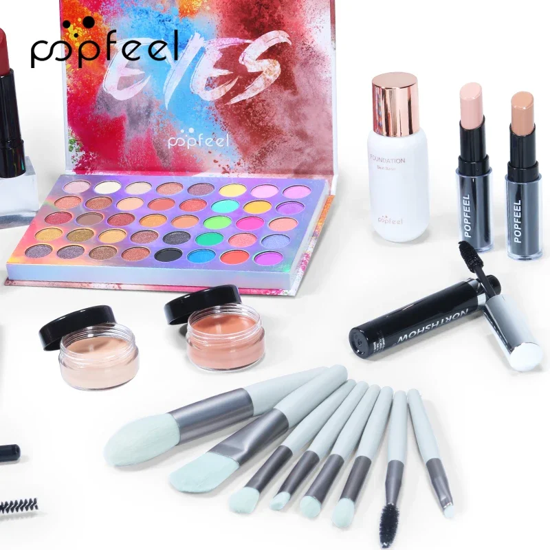 POPFEEL All In One Makeup Kit Cosmetics Set Eyeshadow Palette Concealer Foundation Makeup Brush Eyebrow Pencil Lipgloss Kit