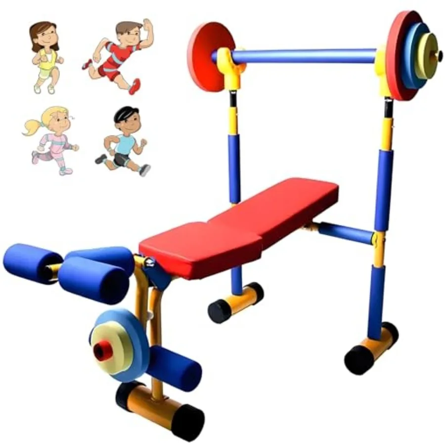 Equipo de ejercicio físico, banco de juguete divertido para ejercicio y prensa de piernas para edades de 3 a 12 años, juego de mancuernas con barra de entrenamiento interactivo Pr