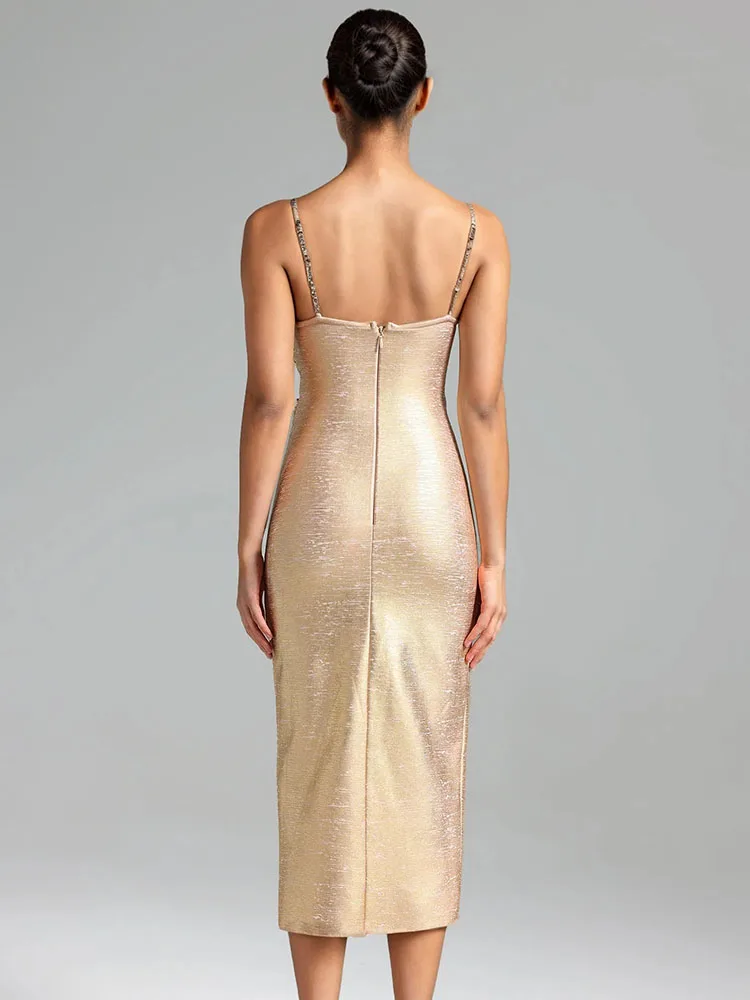 VC Gold EquiStraps Foil Printed Midi fur s, Tight Shiny, Raincut Out, High Slit, Beads Embellished Party, Elégant, Coc