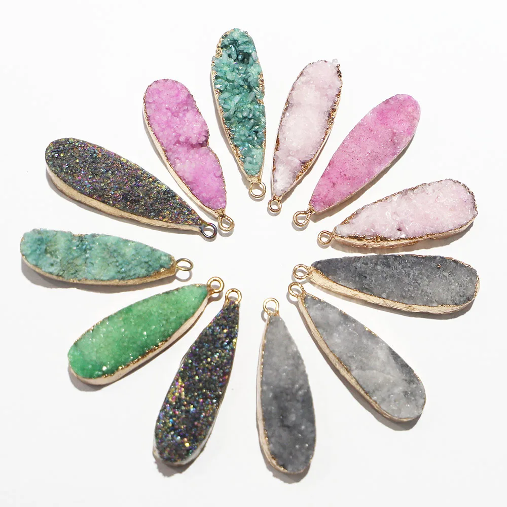 Fashion Natural Water Drop Druzy Stone Necklaces Pendants Metal Mineral Specimen Agate Slice Charms Geode Rough For Jewelry 6Pcs