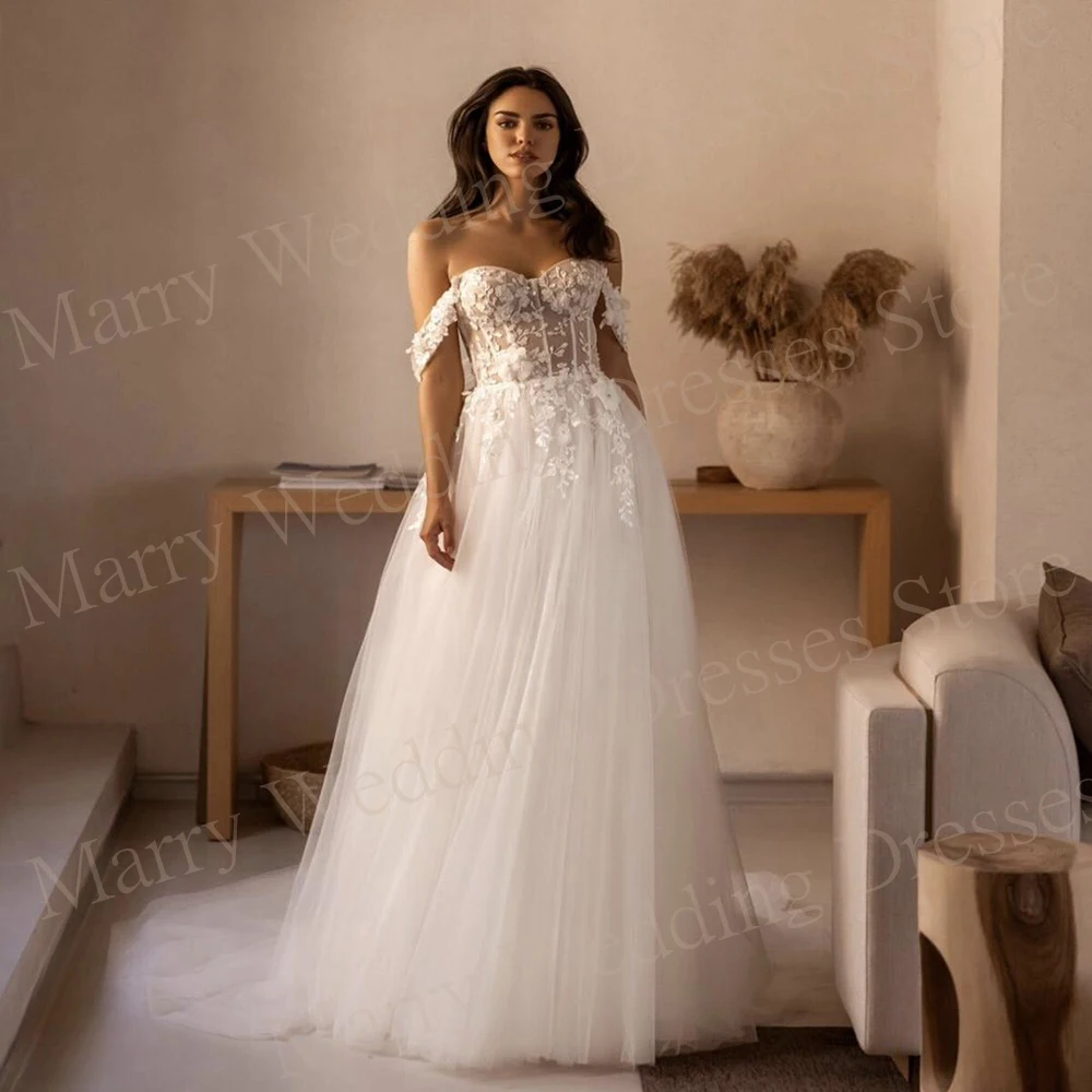 Modern A Line Sweetheart Wedding Dresses Beautiful Appliques Lace Backless Bride Gowns Off The Shoulder Sleeveless Floor-Length