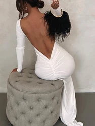 Sexy Deep V Backless Pleating Slim Bodycon Long Dress Women Long Sleeved Solid Color Maxi Dress Evening Club Party Vestidos