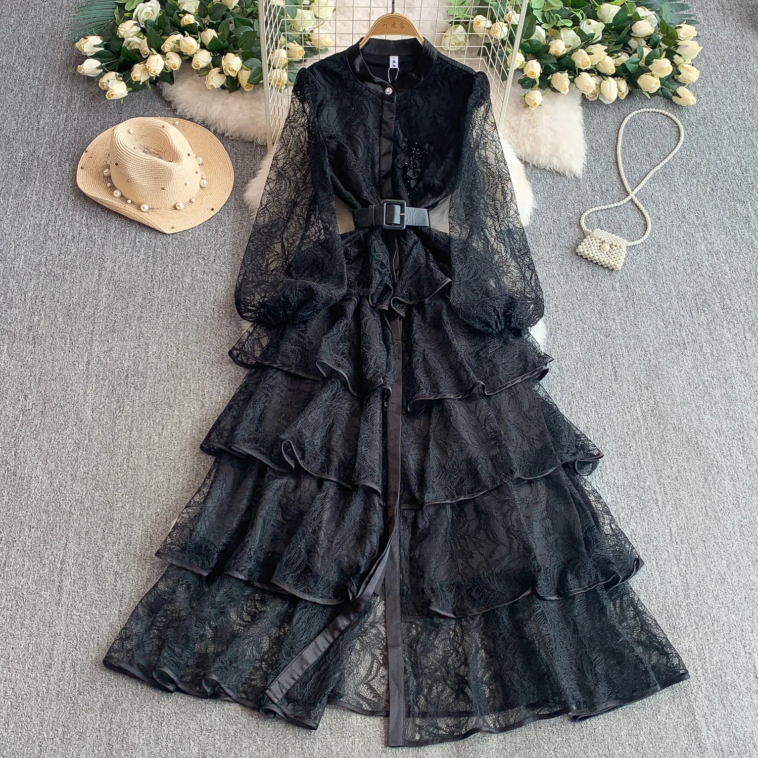 

French Lace Floral Stand Up Collar Long Sleeved Dress for Women Autumnslimming Cake Dresses