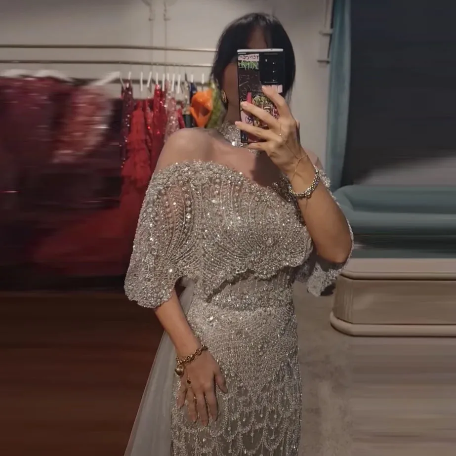 فستان سهرة حورية البحر مطرز بالخرز من دبي للنساء 2025 أنيق برقبة عالية وأكمام طويلة للنساء فستان حفلات الزفاف حسب الطلب #4