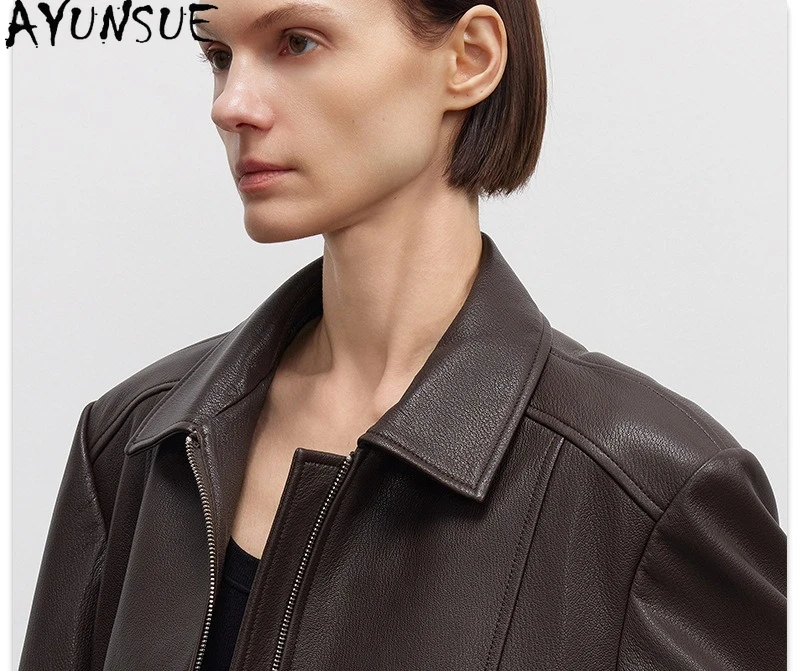 AYUNSUE Echtes Ziegenleder-Echtlederjacke für Damen 2025, schwarze Damen-Motorradjacken, Frühlings- und Herbstkleidung Nadalха Ж Espero