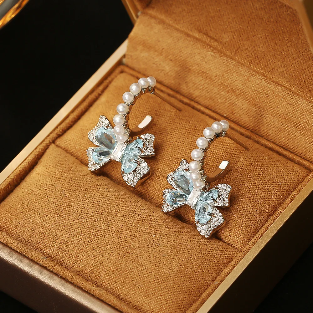 Fashionable and exquisite bow blue zircon earrings light luxury high-end small fresh earrings temperament pearl earrings