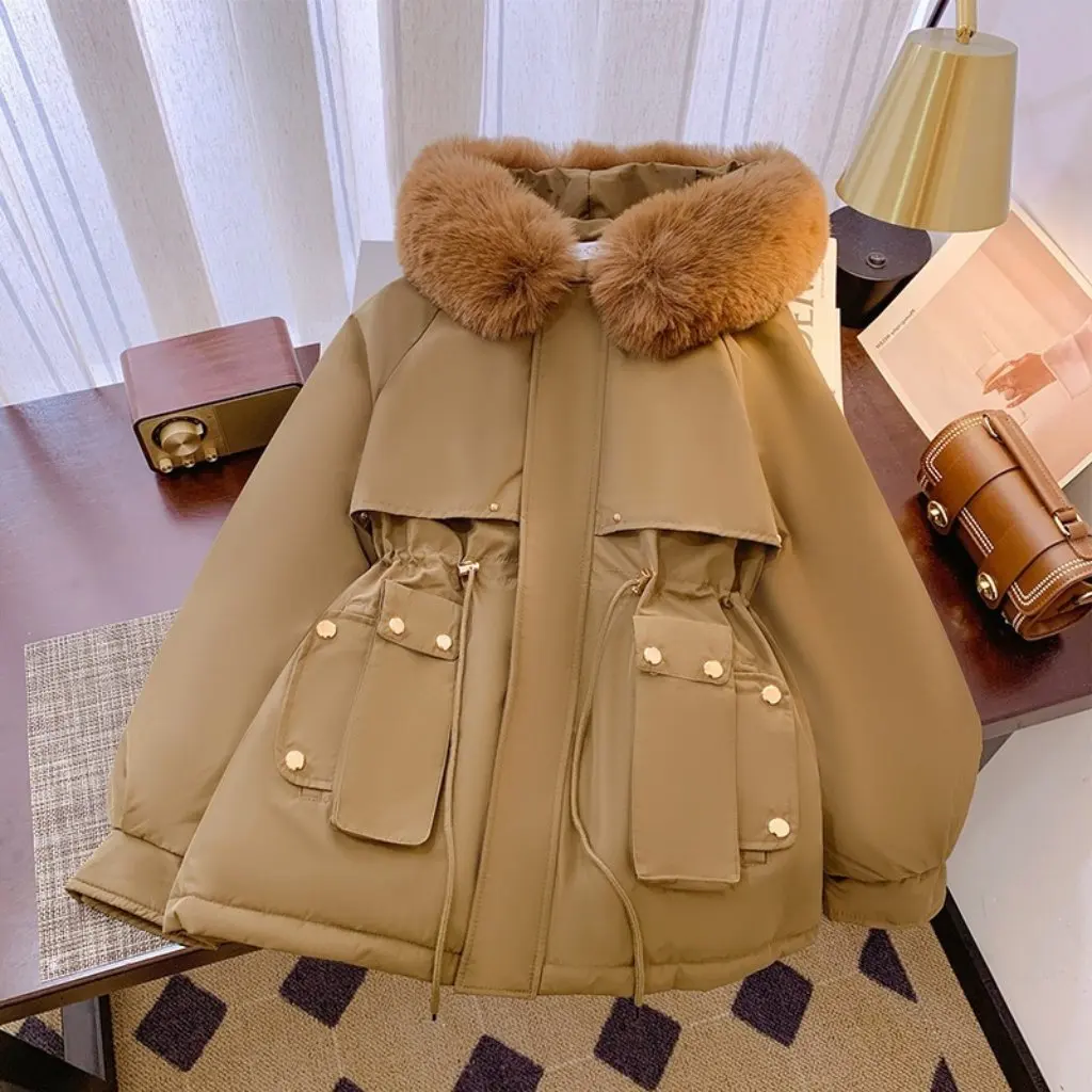 plus Size Women's Fleece-Line Thickened Cotton-Padded Jacket Wool Collar Autumn Winter Loose Outerwear Fashionable Parka