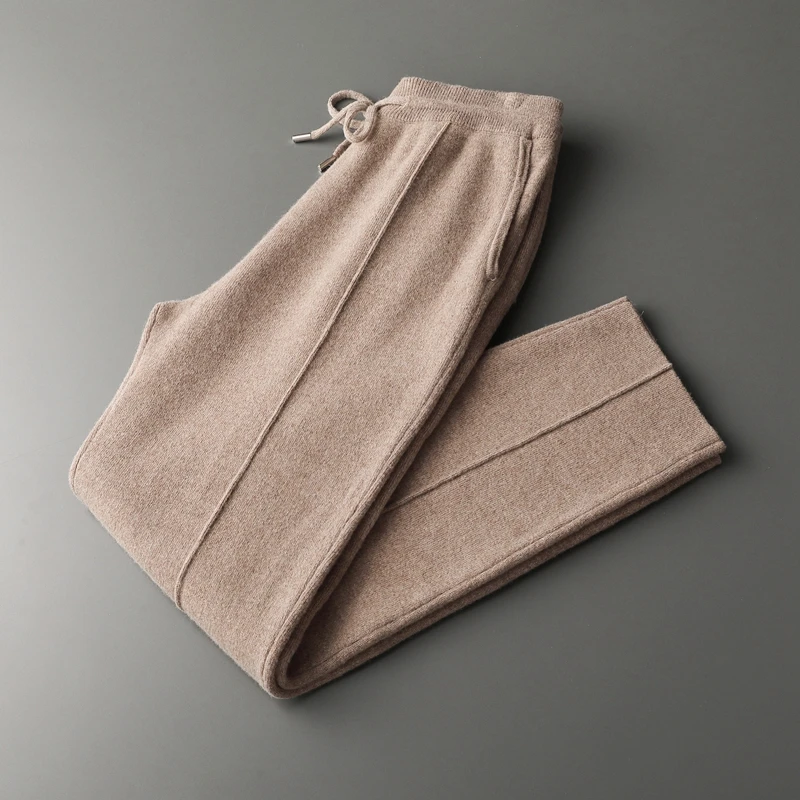 High-end pure cashmere men's padded high-waist, mid-seam pants knitted with 100% wool straight pants plus trousers in autumn and