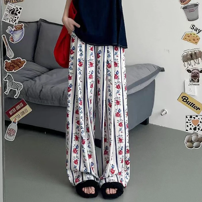 

Rose wide leg pants for women 2024 new summer thin design, high waist loose striped retro casual pants