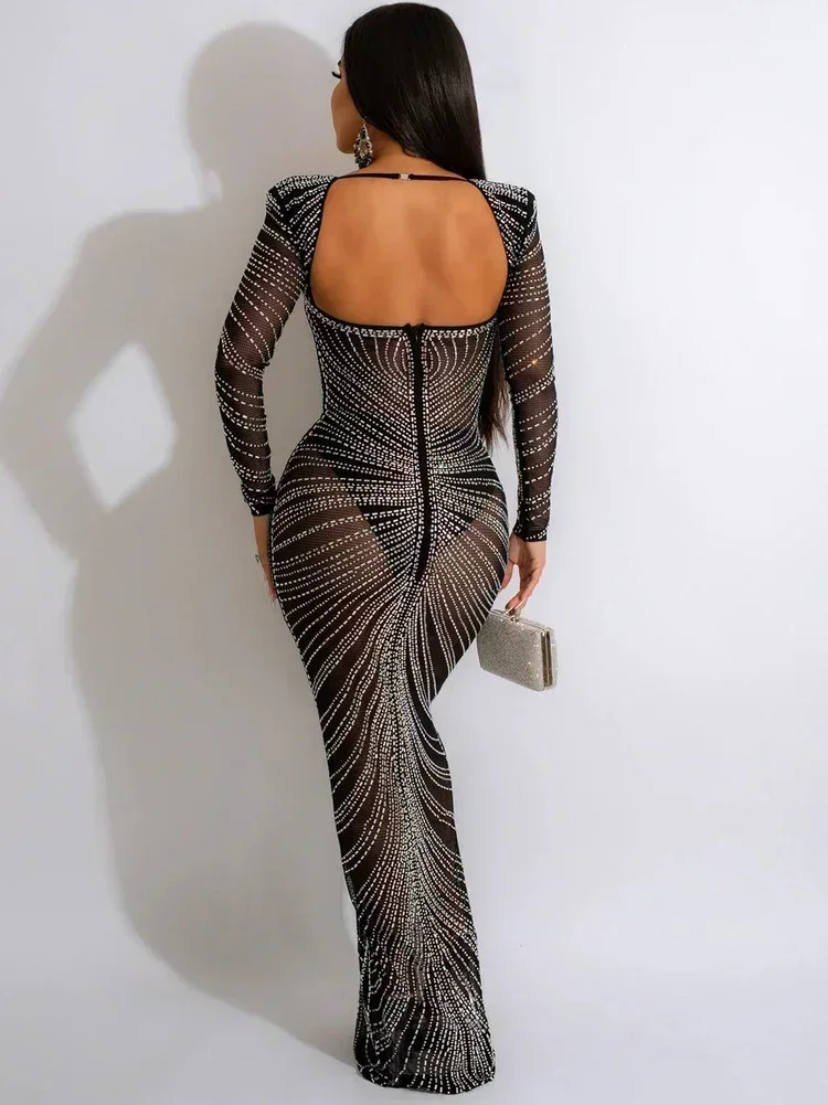 GUWU بقماش شفاف الراين كم طويل فستان الحفلات النساء الماس حزام البوق فساتين ماكسي مثير مساء Vestidos De Fiesta #2