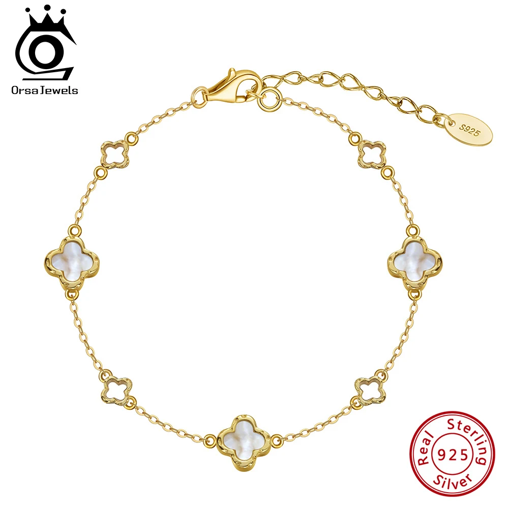 

ORSA JEWELS 925 Sterling Silver White Shell Four-Leaf Clover Bracelet O-Chain Symbol Of Riches & Luck Jewelry Fine Present GMB68