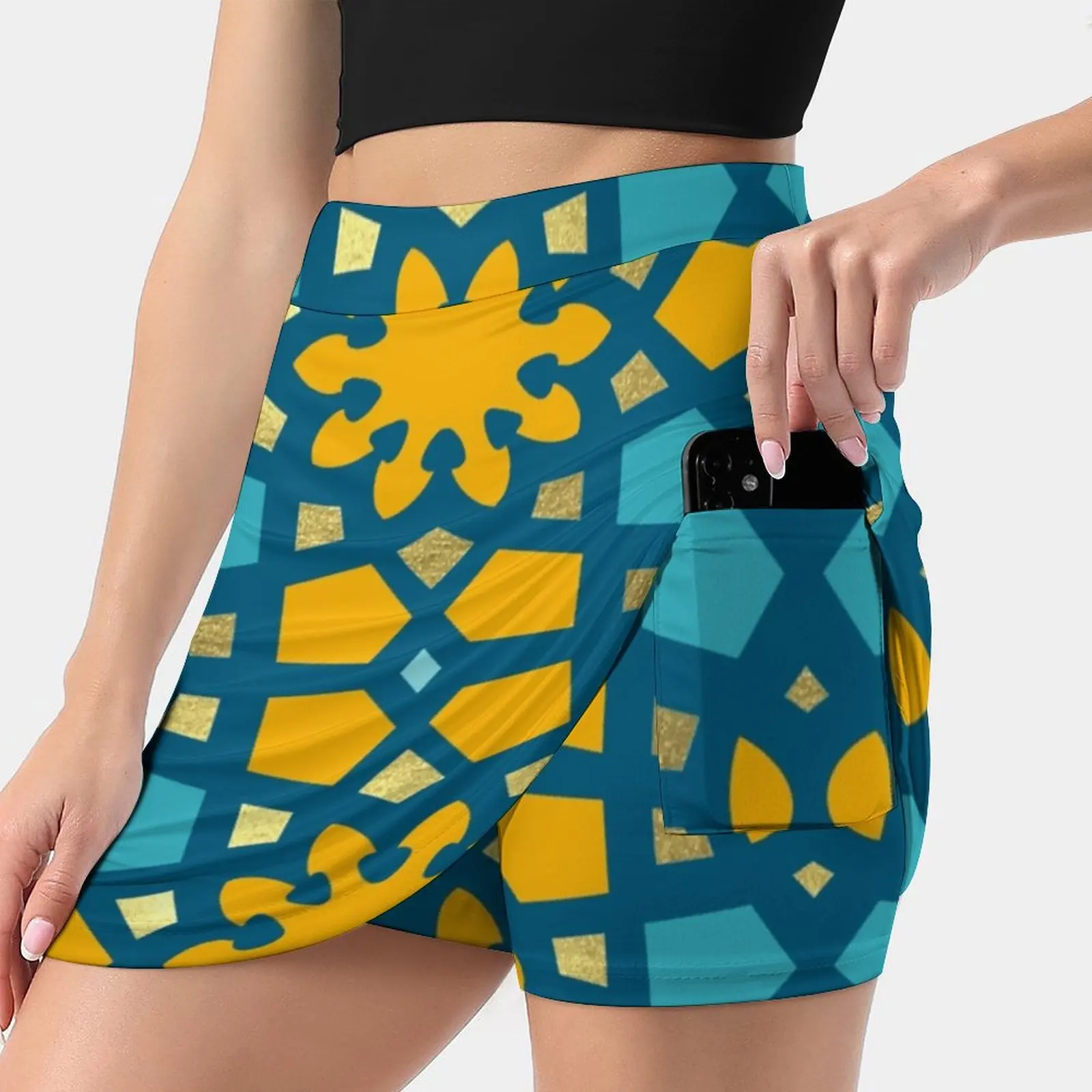 

Citrus Teal And Gold Geometric Arabic Pattern Inspired By The New Women Skirts Double-Layer Printed Short Dress Mini Sport