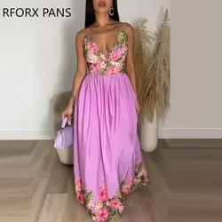 Kobiety Chic wydruk całościowy paski Spaghetti V Neck Midriff bez rękawów wysoki muł Maxi seksowna sukienka