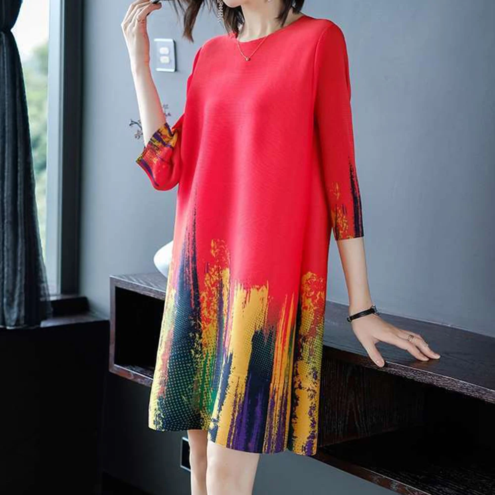 

Foreign style printing loose meat covering and thin large size fashionable red skirt trendy 2025 new spring pleated dress