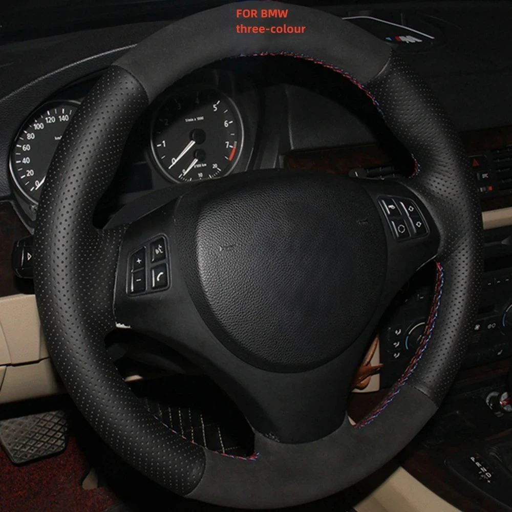 Non-slip Black Genuine Leather Black Suede Car Steering Wheel Cover For BMW E90 320i 325i 330i 335i E87 120i 130i 120d