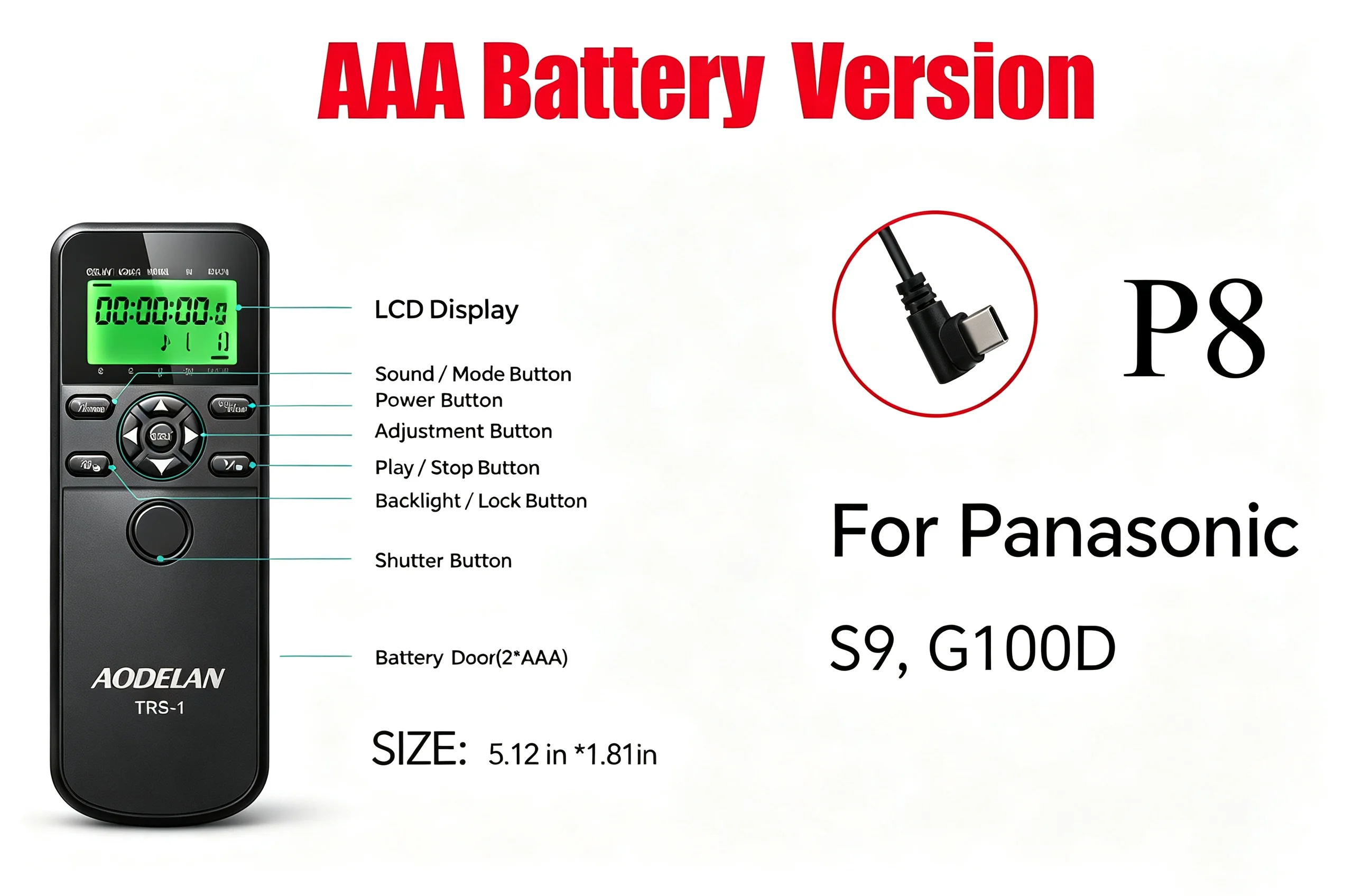 2,5 mm naar USB-C voor Panasonic S9, G100D, ZS99; Camera-afstandsbediening voor ontspanknop, autofocus, enkelvoudige opname, continue opname, opname met vertraagde opname, opname met lampfunctie