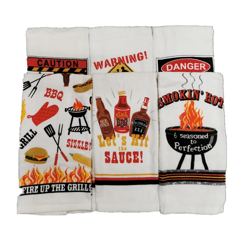 1Pc 41x66cm Thicken Cotton Absorbent White Barbecue BBQ Baking Cut Velvet Printed Kitchen Tea Towel