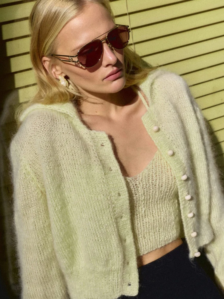 Cardigan tricoté à manches évasées et col rabattu pour femme, nouveau Style, mode automne hiver 2025