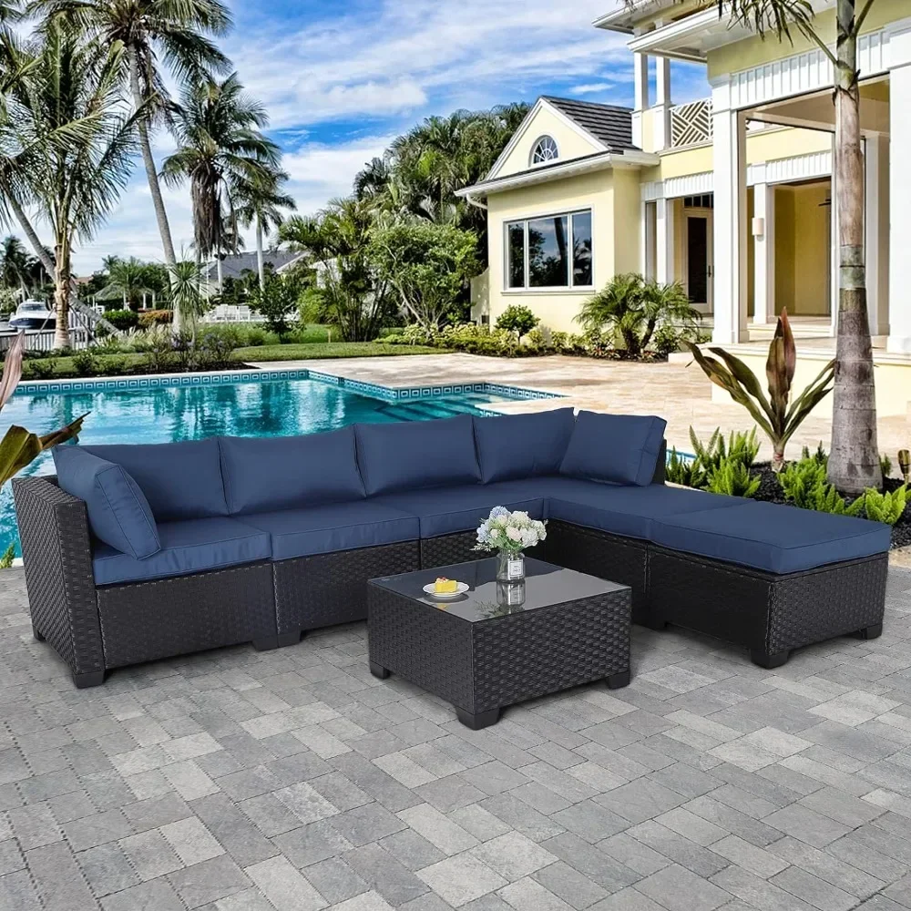 

#For 7 Pieces Outdoor PE Wicker Furniture Set, with Khaki Cushions and Glass Top Table, Patio Rattan Sectional conversation sof