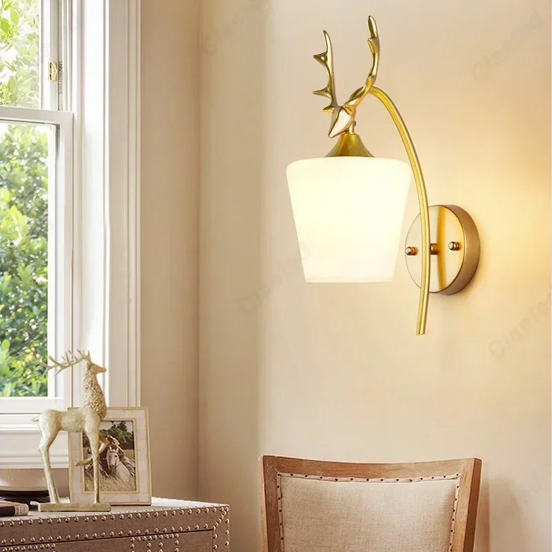 

Creative LED Glass Lampshade E27 Deer Head European Wall Light Bed Headlight Living Room Corridor Background Decorative Light