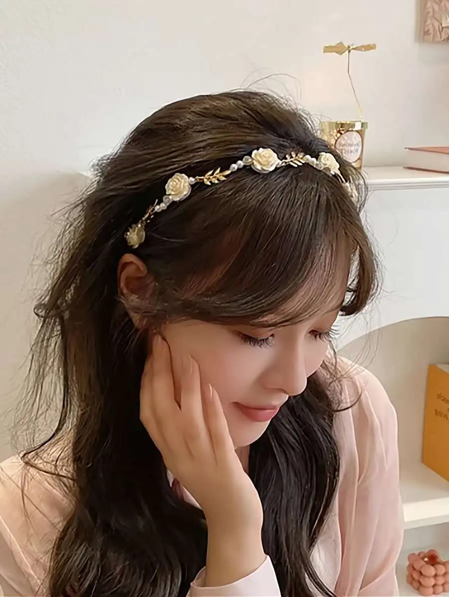 

Обруч для волос с жемчужными розами, французская ретро-повязка для женщин, свадебный аксессуар для невесты