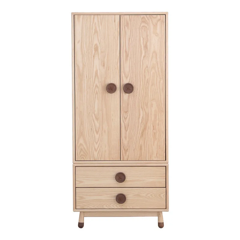 

Nordic ash wood children's wardrobe, simple solid wood storage cabinet with black walnut buttons