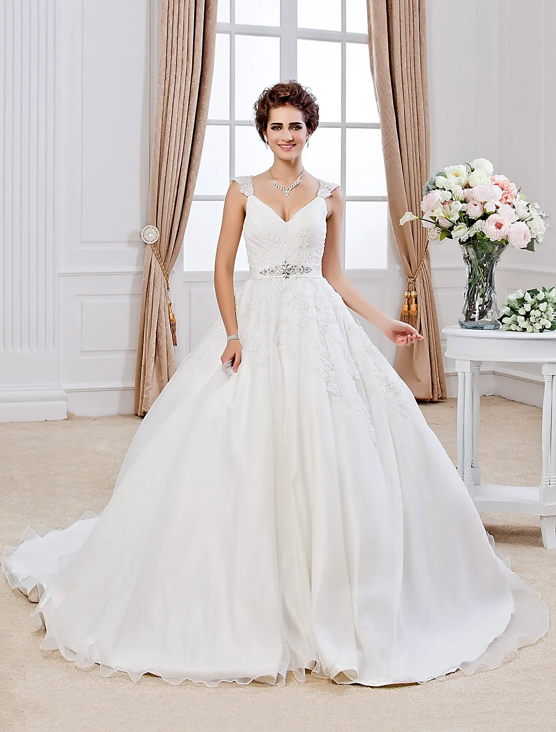 Wedding Guest Elegant Casual A-Line V-Neck Chapel Train Organza Appliques Beading Wedding Dress