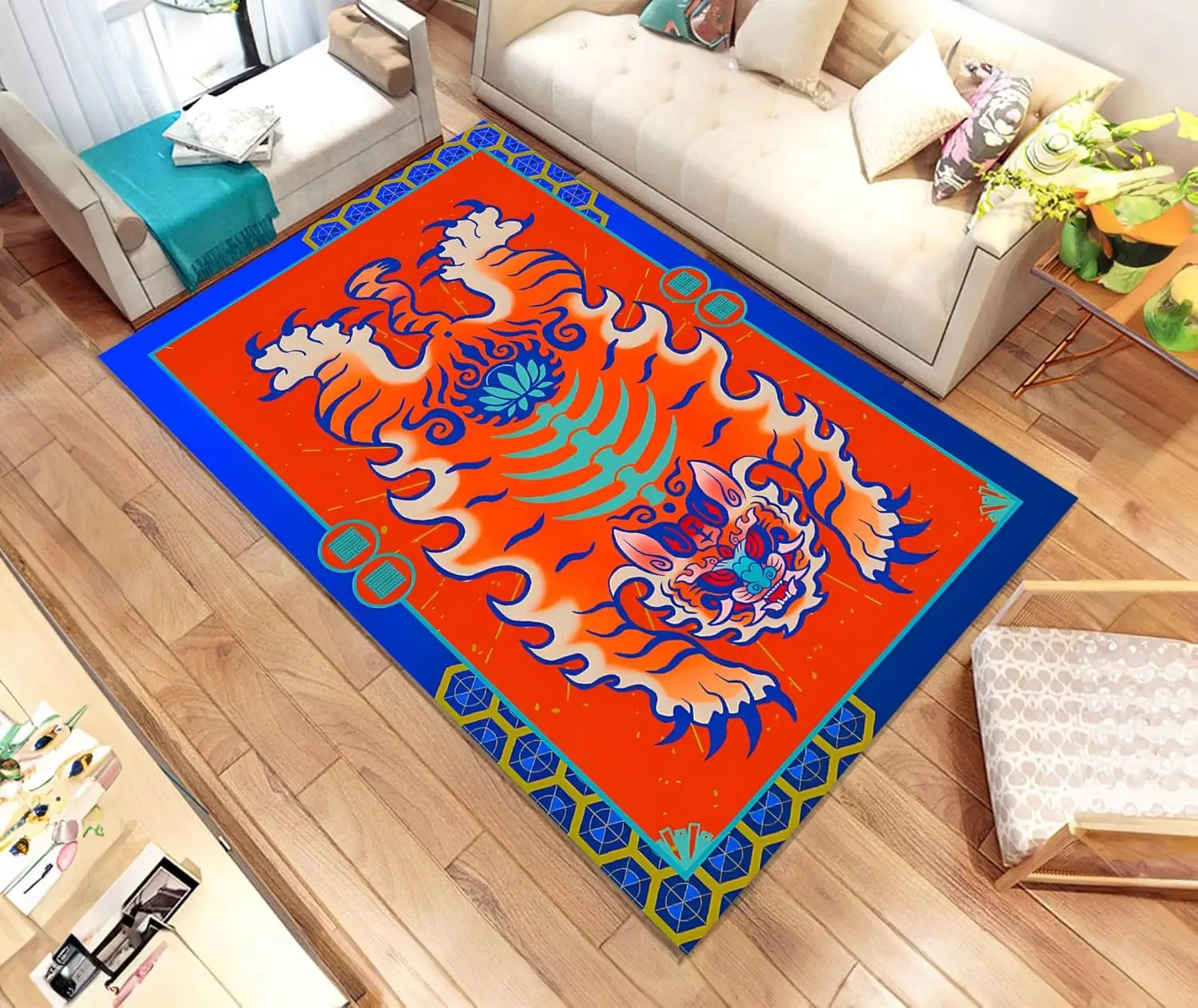 

Tibetan Tiger Rug, Tiger Rug, Orange Blue Color, Animal Design, Custom Carpet, Popular Carpet, Living Room,Personalized Gift