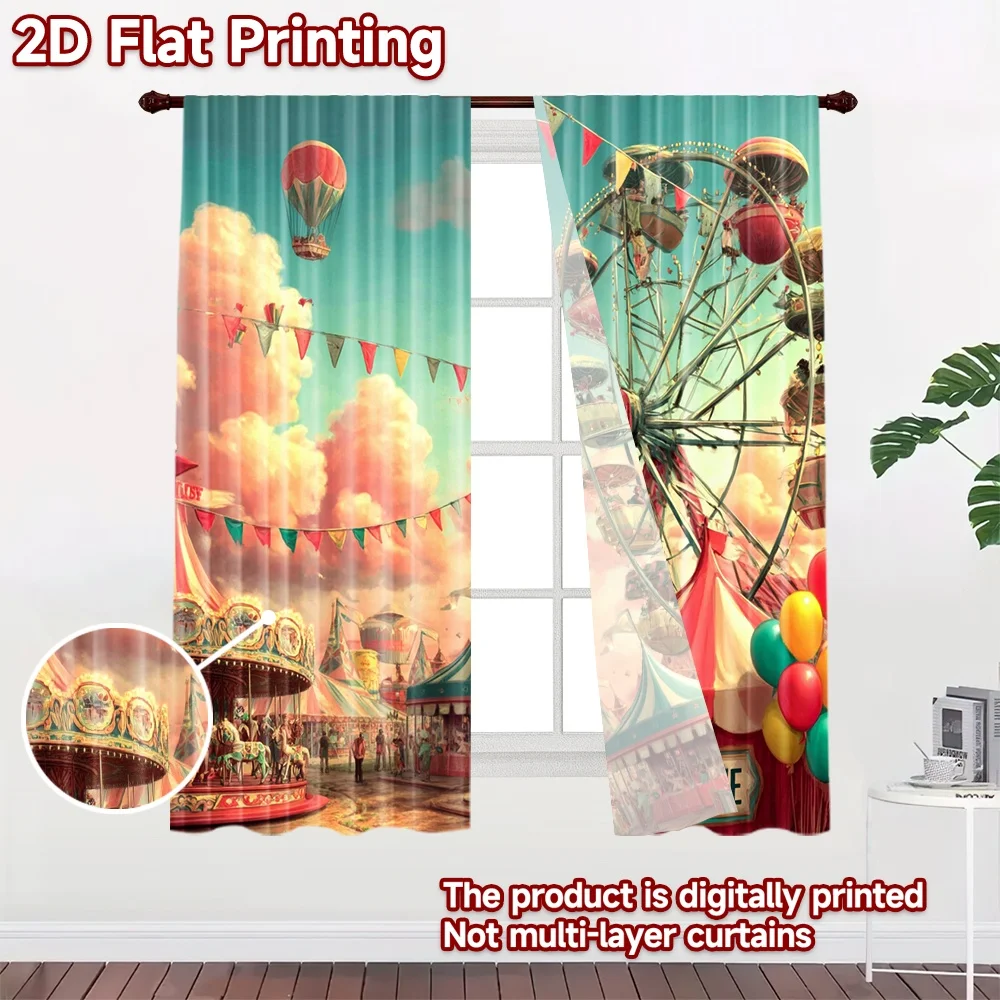 2D flat printing 2pcs Window Treatment Curtains Carnival Ferris Wheel Fun Ride Digital Printed Polyester Drapes Holiday
