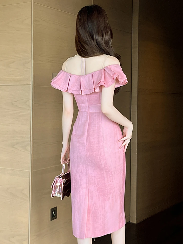 Ropa de mujer ocasión Formal Rosa transparente Sexy fuera del hombro vestido de tubo delgado elegante fiesta de noche Vestidos de cumpleaños Chic Casual