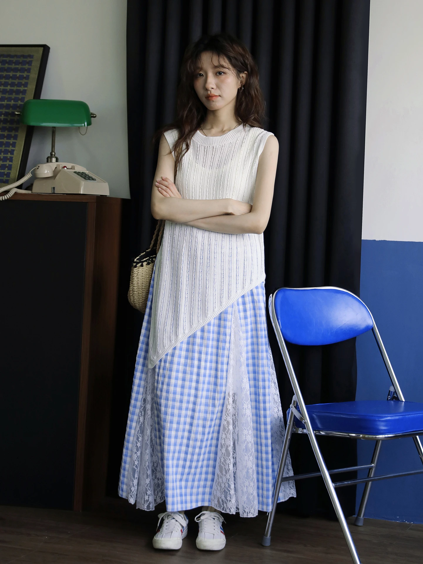 

Юбка А-силуэта с высокой талией и клетчатыми вставками, женская летняя повседневная юбка-«фея», свободная синяя длинная юбка с завышенной талией