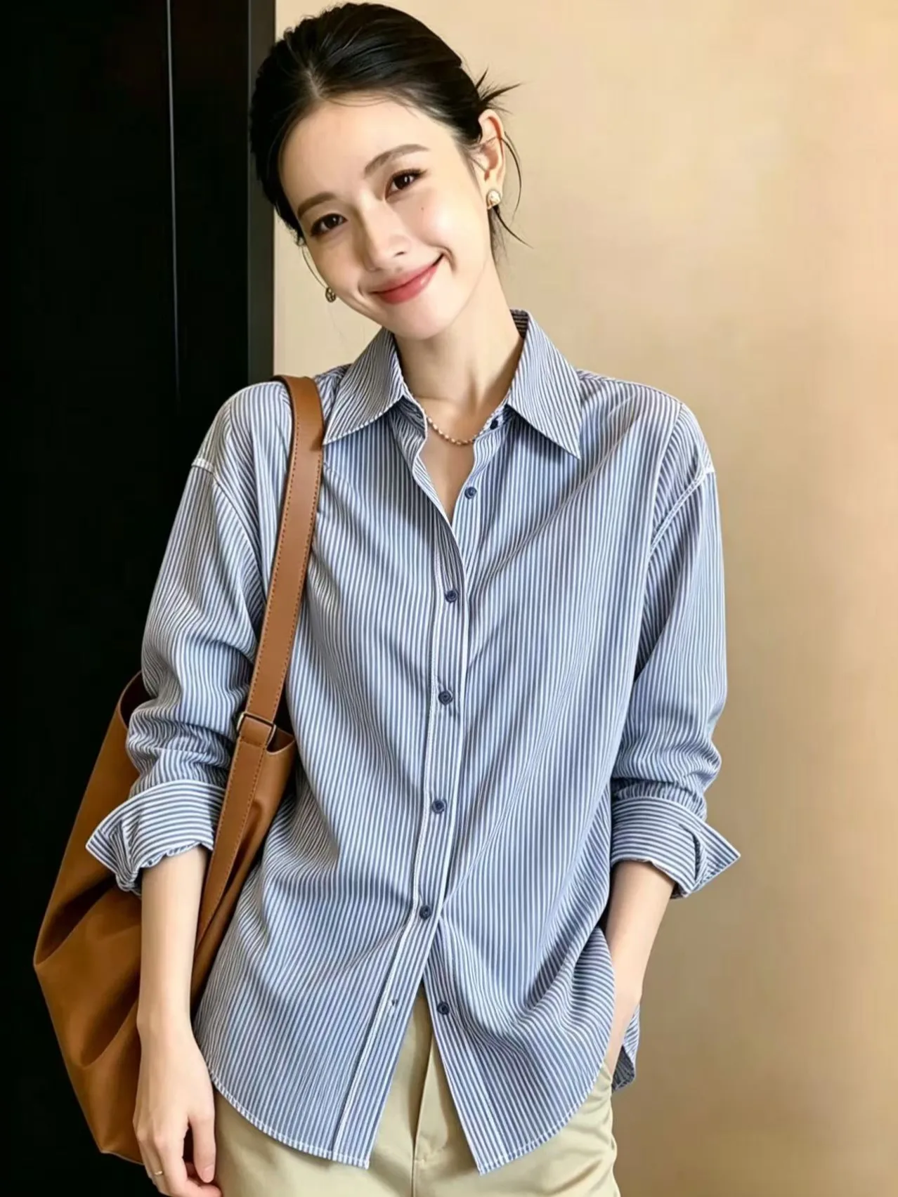 Women's Long Sleeve Shirt Vertical Stripes Turn-down Collar Commute Simple Match All Autumn New Style Fashionable Top