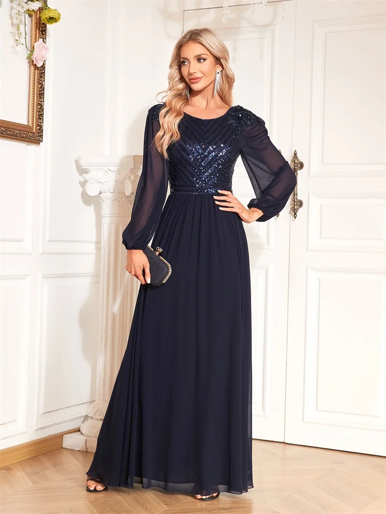 XUIBOL Elegant V-Back Sequin Formal Evening Dress Long Sleeve Floor-Length Luxury 2024 Chiffon Wedding Party Prom Cocktail Dress