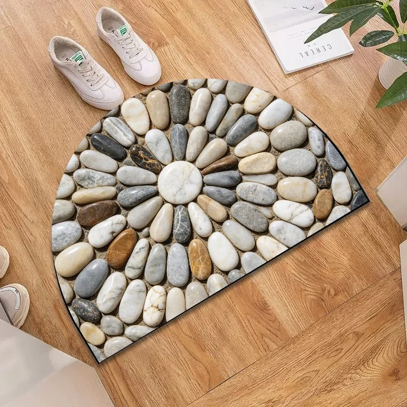 VIKAMA Neutral Natural Pebble Half Round Bath Mat, Non‑Slip Water Absorbent Minimalist Bathroom Floor Rug