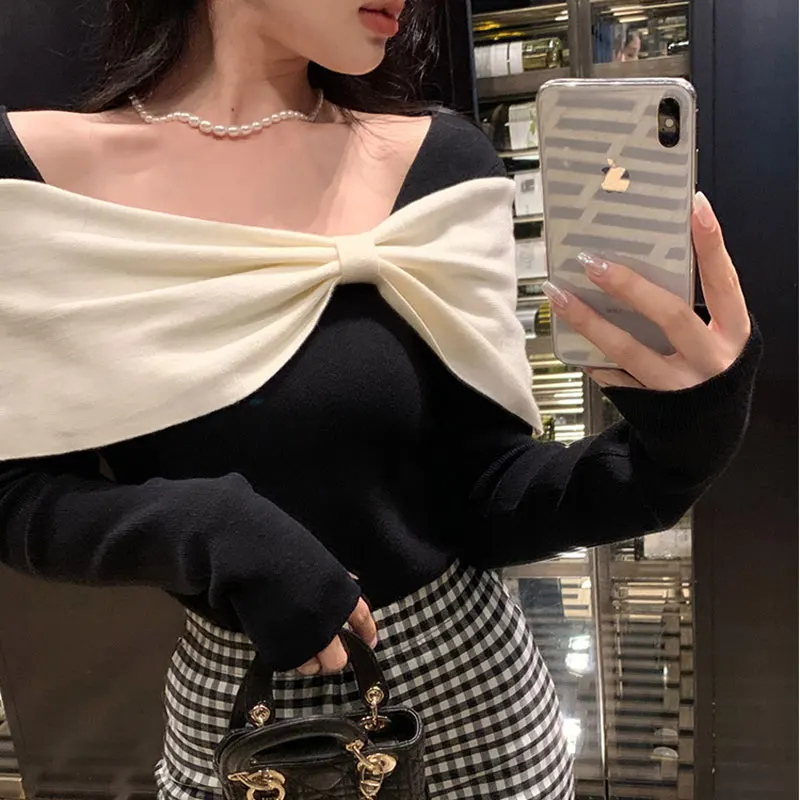 Slash Neck Elegant Bow Slim T-shirt Autumn Winter Contrasting Colors Spliced Female Clothing French Style Long Sleeve Pullovers