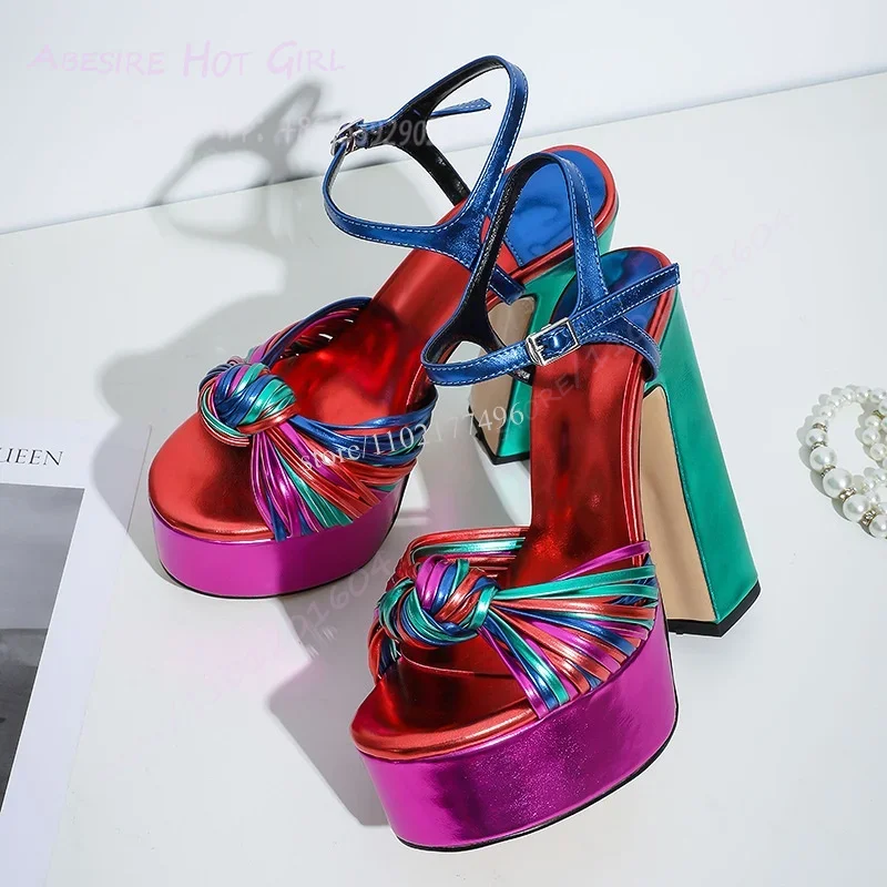 Rainbow Strap Platform Cute Girls Shiny Sandals Chunky Heels Summer Women Silver Butterfly Mixed Colors Bling Patchwork Shoes