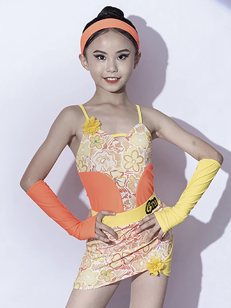 สีเหลืองสีส้ม Dancewear เด็กชุดบอดี้สูทแขนกุดกระโปรงเต้นรําละตินเสื้อผ้าเด็กหญิงเต้นรําเครื่องแต่งกาย