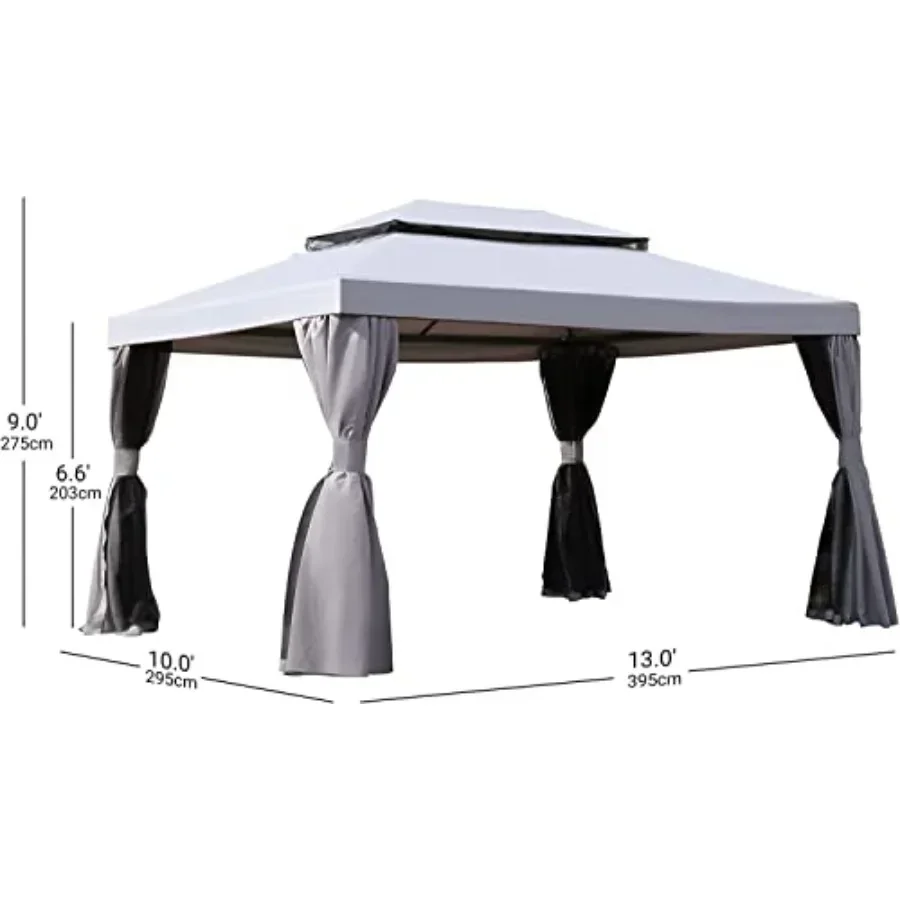 10x13 Outdoor Gazebo for Patios with Mosquito Netting and Curtains in Beige Durable Polyester  for Deck Backyard Garden Lawns