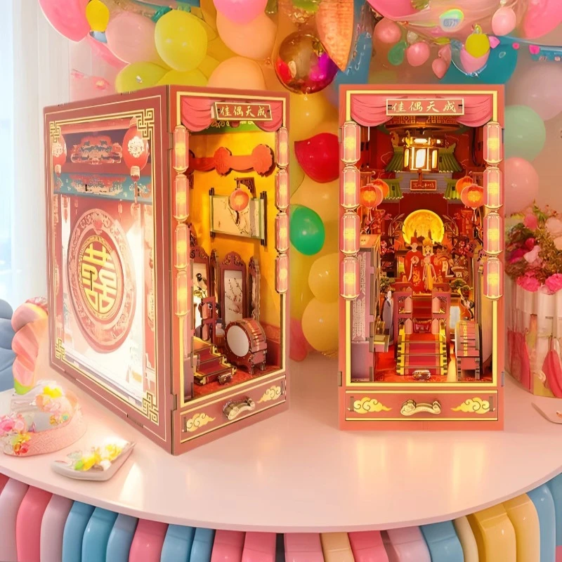 DIY ไม้ Book Nook ชั้นวางชุดจีน Miniature ชุดชั้นวางหนังสือ Light Bookend สําหรับของขวัญเพื่อน