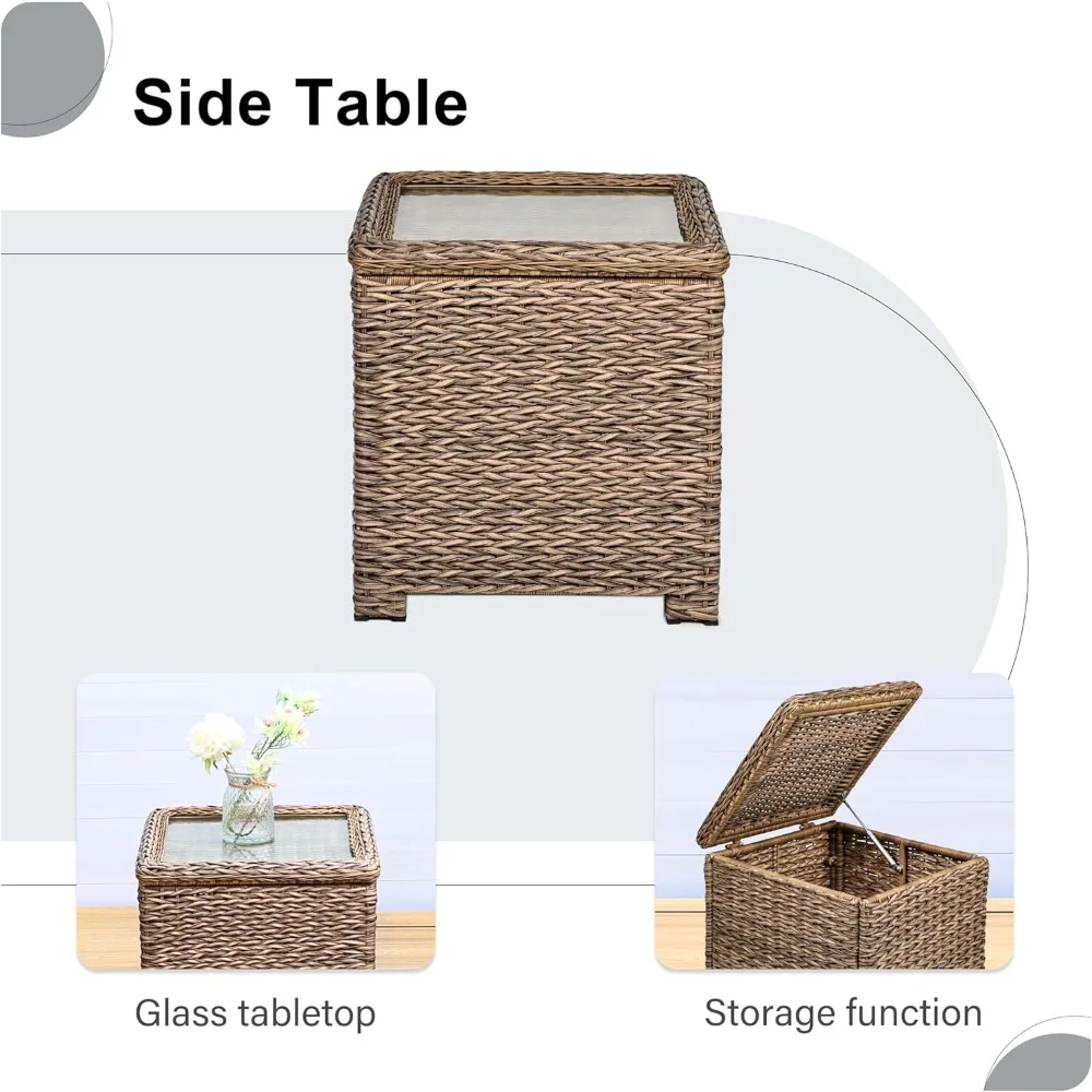3-Piece Outdoor Wicker Bistro Set with 2 Rattan Lounge Chairs and Tempered Glass Side Table Storage