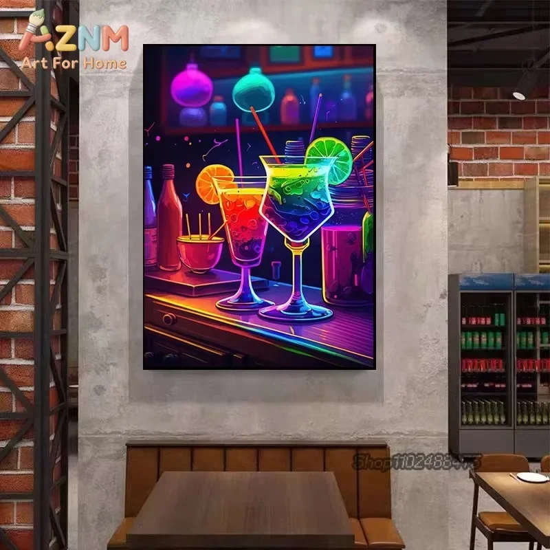 Neon Cocktail Drink Canvas Wall Art Colorful Glowing Cocktails Bar Alcohol Glass Print Unframed Canvas Poster for Home Bar Pub K