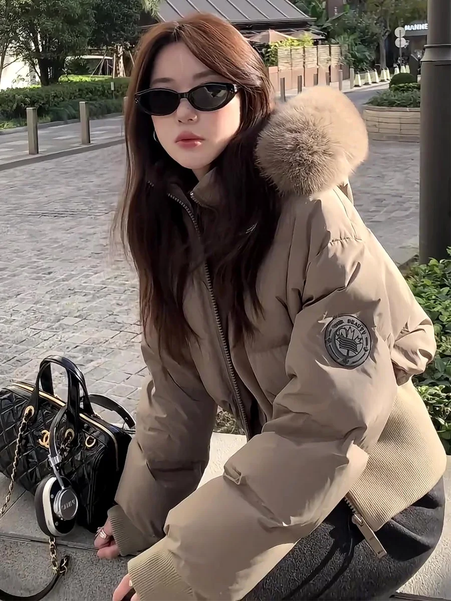 

Casual Sle ort Puffer Jaet Women's Winter 90 White Du down Real Fur Collar Stand Collar Slim Fit Warm Thi Outerwear