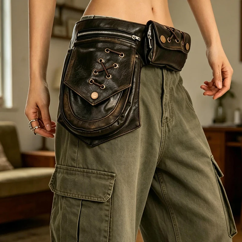 Vintage Distressed Leather Waist Bag Gothic Lace Up Multi Pockets Fanny Pack Punk Hip Hop Belt Bag Streetwear Crossbody ChestBag