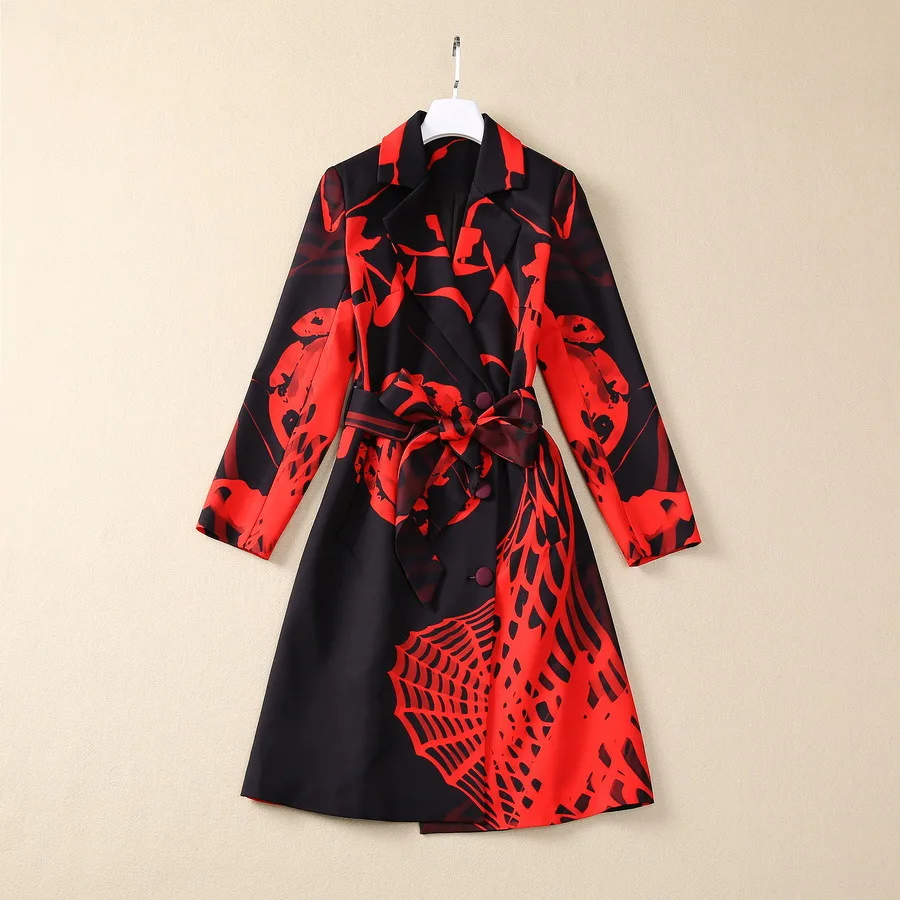 

Europe and the United States women's 2024 winter new Long sleeve double breasted spider web print Fashion belt Trench Coat XXL