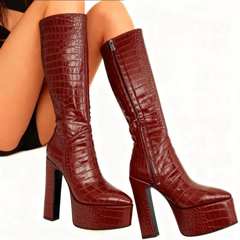 

Rontic, выполненные на заказ ботинки на платформе с крокодиловым узором, черные женские ботинки до колена на толстом каблуке, размер 36-43