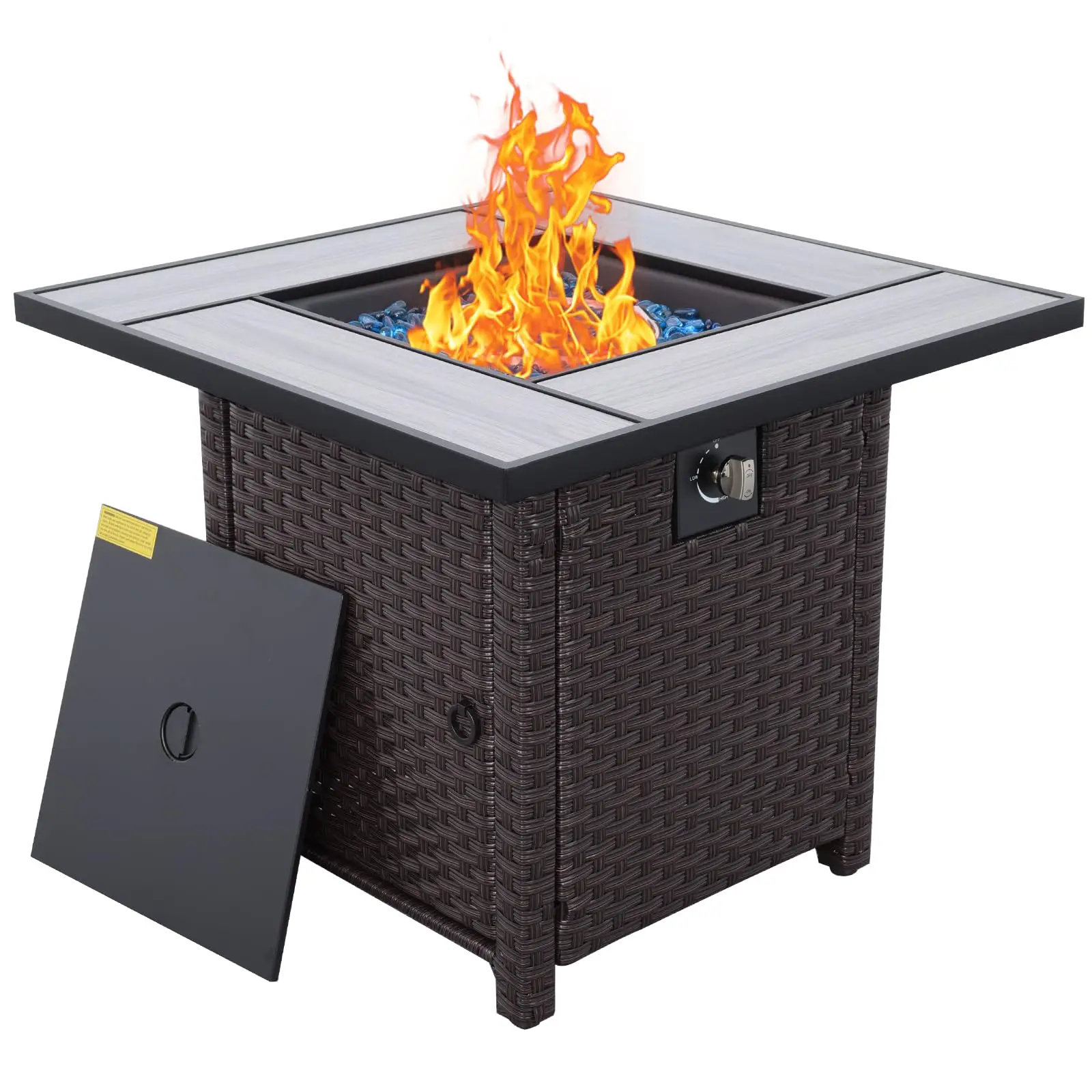 Outdoor Propane Fire Pit, 30 Inch PE Wicker Patio Firepit Table with Fire Glass for Outside Parties and Gatherings on