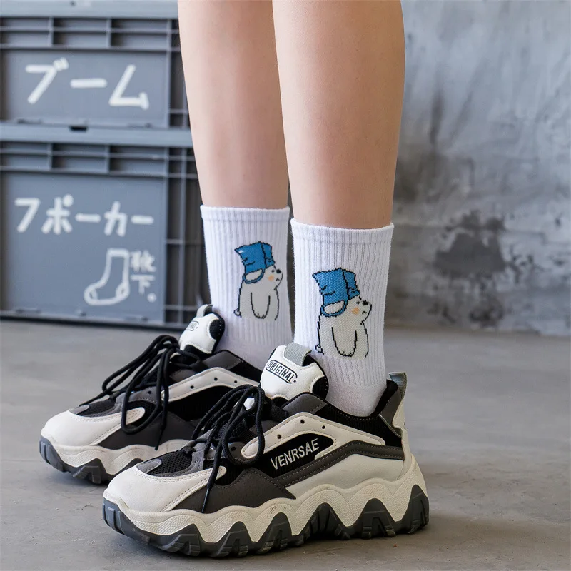 Ins New Autumn Cute Cartoon Bear Panda Rabbit White Sports Women Socks Soft Cotton Winter Socks Kawaii Hipster Street Graffiti