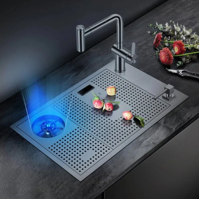 304 Stainless Steel Concealed Kitchen Sink Hidden Black Undermount Single Bowl with Faucet Square Shape and Two Holes