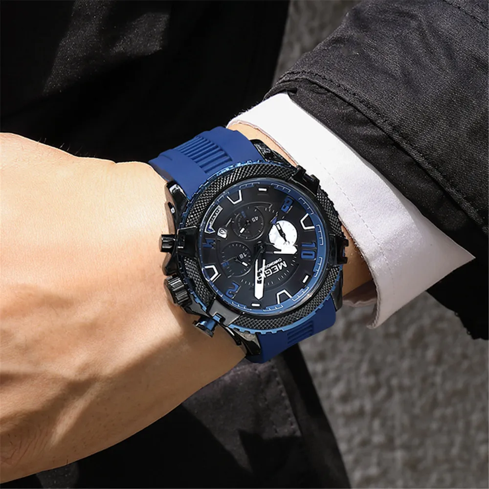 MEGIR Chronograph Fashion Men Military Sport Wristwatches Large Dial Quartz Watches for Man Gift Silicone Strap Auto Date Clock