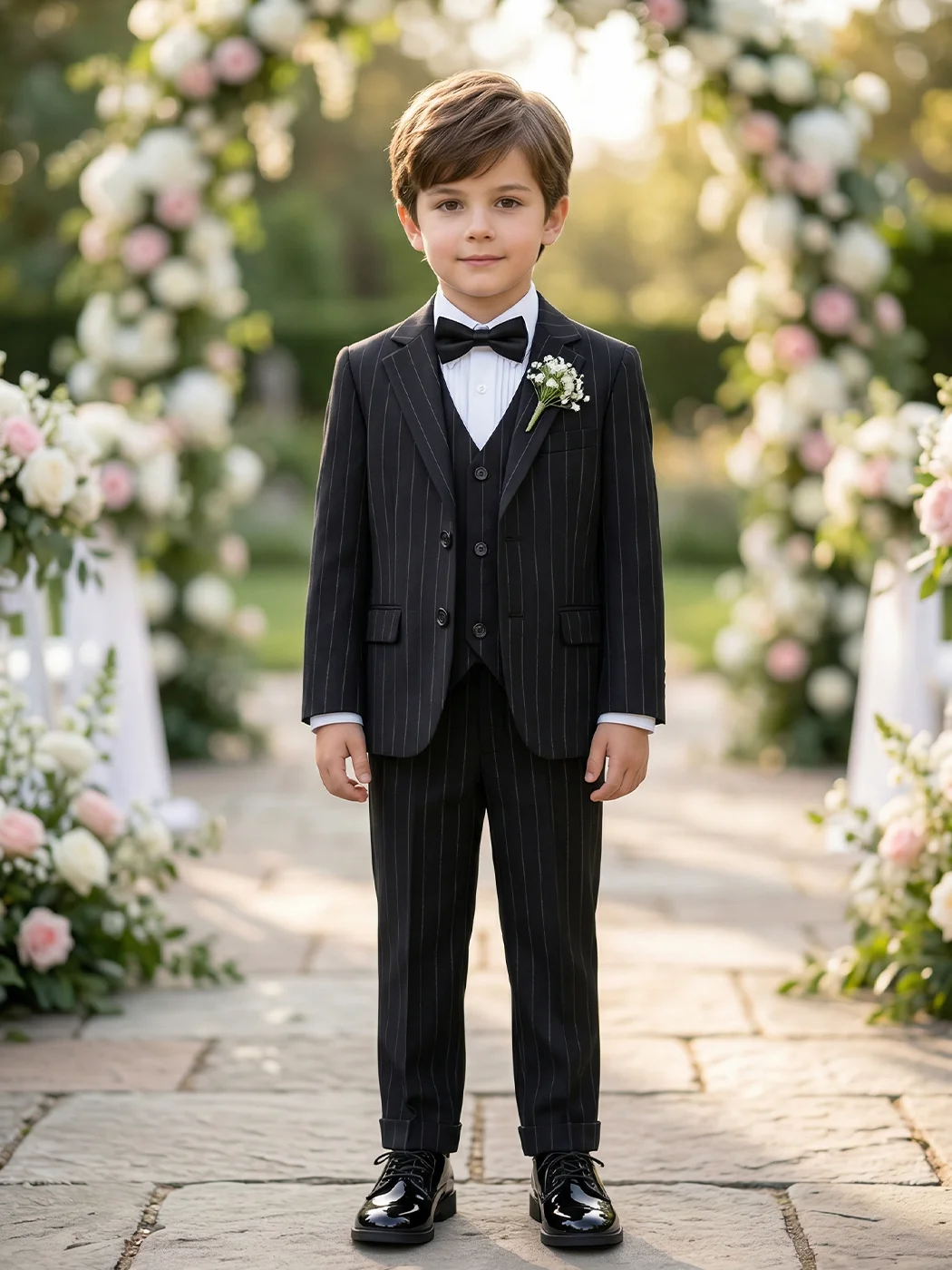 Boy's 3 Piece Pinstripe Suit Set Blazer Vest Pants Wrinkle Free Polyester Rayon Wedding Size 5-16Y